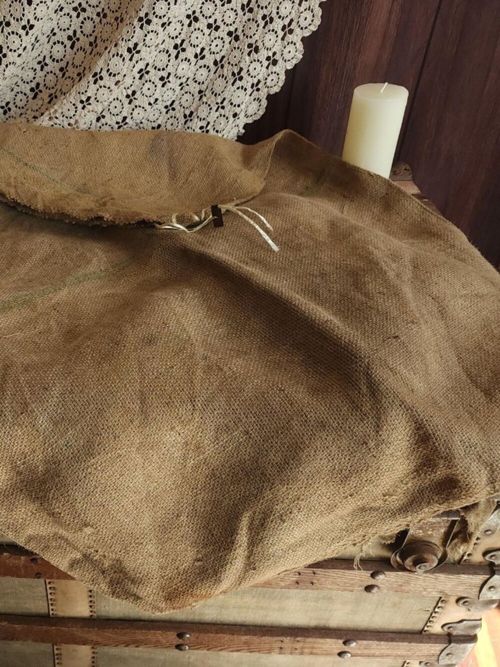 Vintage 1960s 1970s Coffee Bean Sack, Burlap Brazilian Striped Transport Bag
